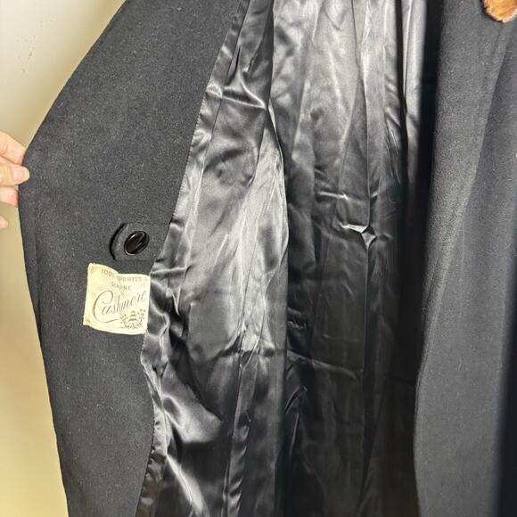 Vintage Cashmere Coat Size S/M 60s Black Brown Fur Collar Long Soft Raglan - Picture 7 of 8